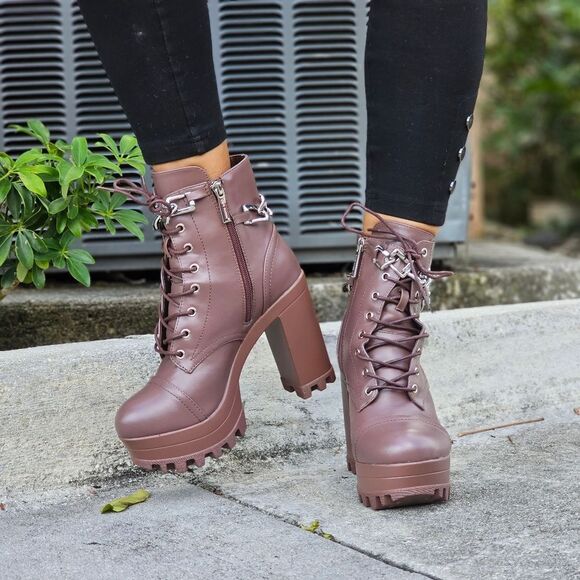 Women's Platform Heel Boots Chunky Ankle Lace Up Mocha Color - Picture 1 of 5